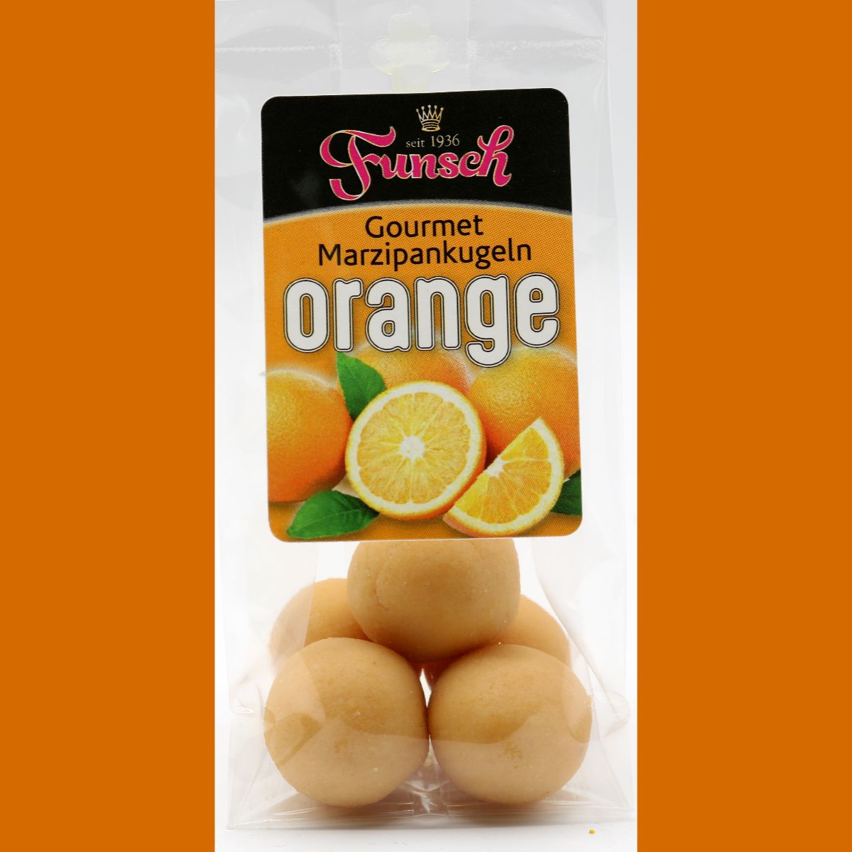 90/10er Edelmarzipan Gourmetkugeln Orange 100g